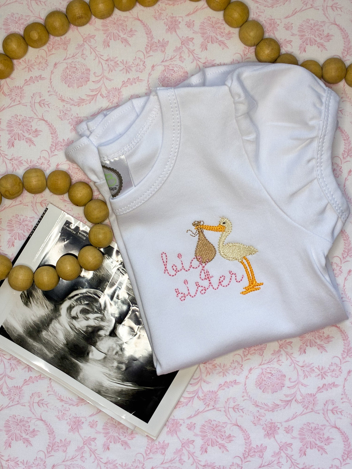 Machine Embroidered | Big Sister with Stork Left Chest